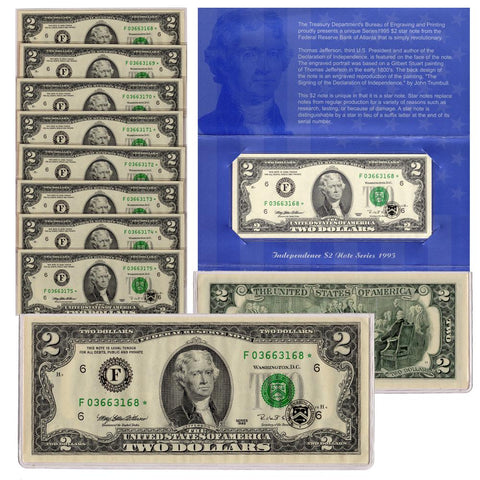 8 Consecutive 1995 $2 Federal Reserve Star Notes Set w/ Blue Independence $2 Folders