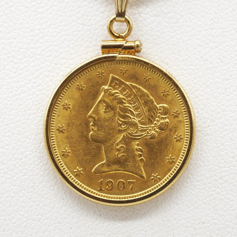 1907 $5 Liberty Head Gold Necklace w/ 14K Gold Chain