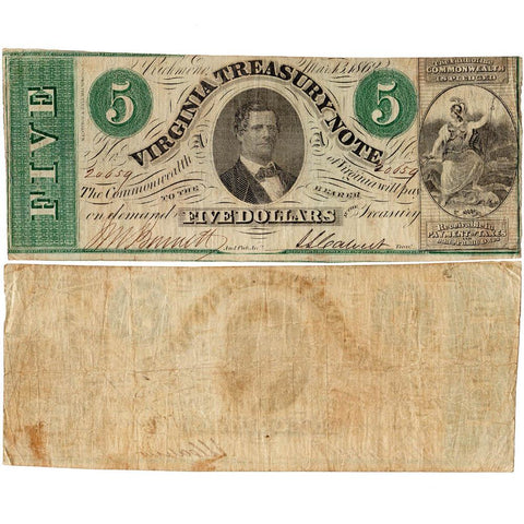 1862 $5 Virginia Treasury Note Cr.13 ~ Fine