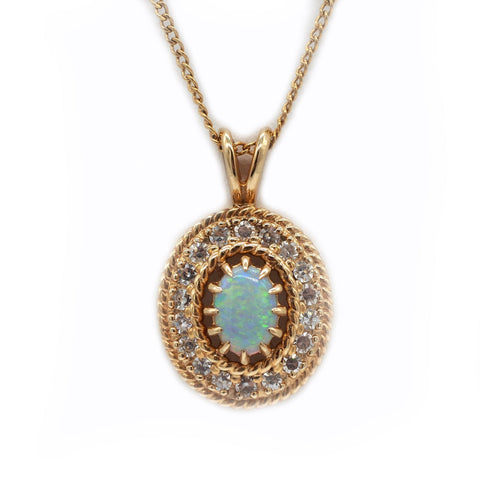 14K Gold Diamond and Opal Necklace w/ 17'' Chain