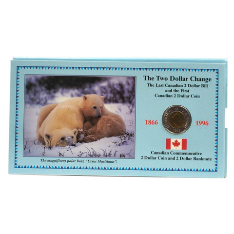 Canadian Commemorative 1996 2 Dollar Coin and 1986 2 Dollar Banknotes - PQBU