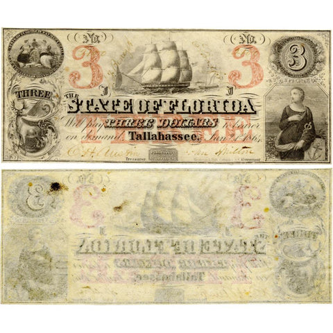 January 1, 1864 $3 State of Florida Note Cr. 37 [R6] - Crisp Uncirculated