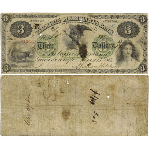 1862 $3 Farmers and Merchants Bank of Greensborough, MD MD230-G8b - Fine (PC)