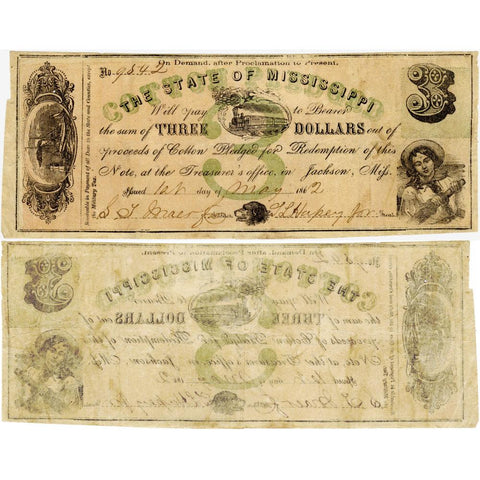 May 1, 1863 $3 State of Mississippi Note, Cr. 19 - Very Fine