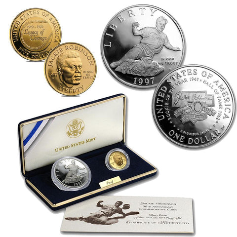 1997 Gold & Silver 50th Anniversary Jackie Robinson Commem. Coin Set w/ O.G.P. & C.O.A.