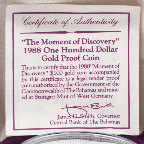 1988 "The Moment of Discovery" Bahamas One Hundred Dollar Gold Coin w/ Box & C.O.A.