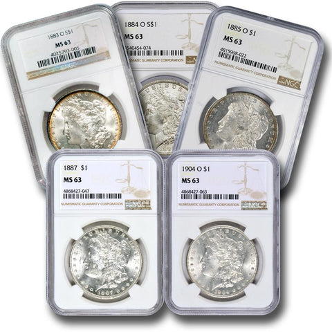 5 Different Pre-1921 Morgan Dollars in NGC MS 63 - Freshly Made