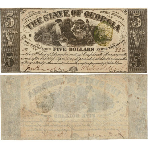 April 6, 1864 $5 State of Georgia Note Cr. 26 - Very Fine