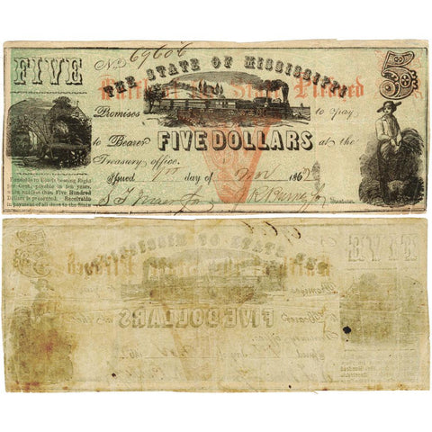 November 1, 1862 $5 State of Mississippi Note, Cr. 36 - Very Fine