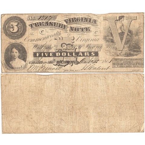 1861 $5 Virginia Treasury Note Cr.5 - Fine - First Issue