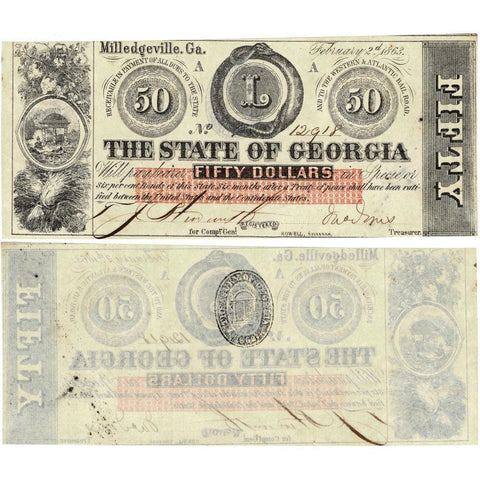 February 2, 1863 $50 State of Georgia Note Cr. 7 - About Uncirculated+