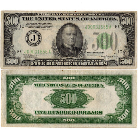 1934-A $500 Federal Reserve Note Kansas City District (J) Fr. 2202-J - Very Fine