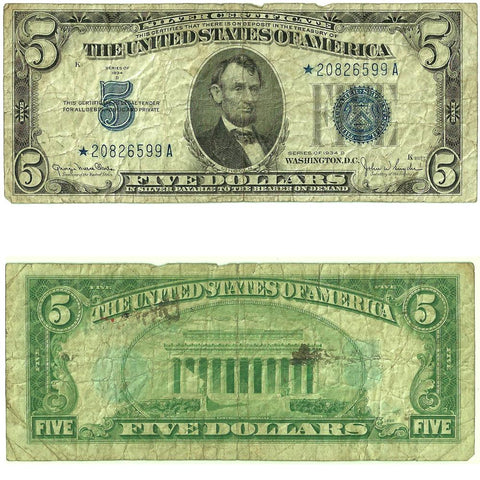 1934 $5 Silver Certificate Star Note Fr. 1654* - Very Good