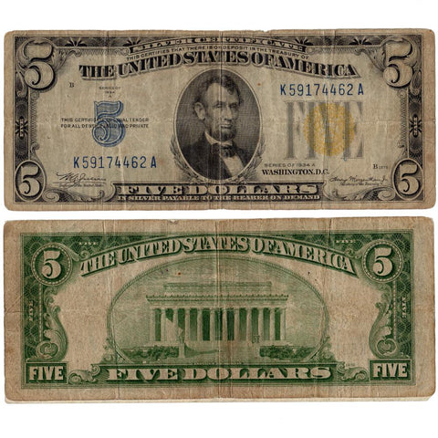 1934-A $5 North Africa "Yellow Seal" Silver Certificate Fr. 2307 - Very Good