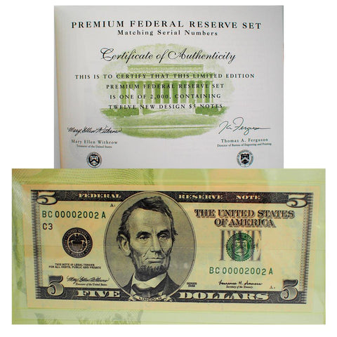 12-Note 1999 $5 Matching Serial Number Premium Federal Reserve Set