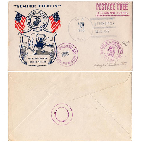 1943 United States Marine Corps "Bulldog" Patriotic Cover - Marine Corps. Postage Free