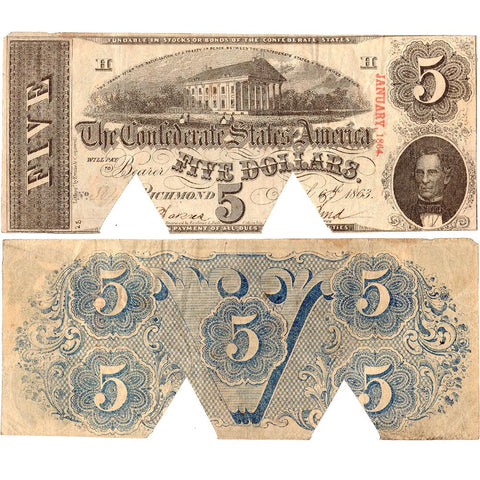 T-60 April 6th 1863 $5 Confederate States of America Note - Cut-out Cancelled