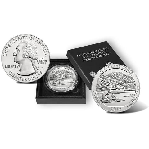 2014-P America The Beautiful Five Ounce Silver Colorado Great Sand Dunes Uncirculated Coin w/ Box & C.O.A.