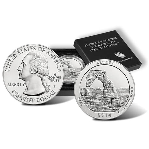 2014-P America The Beautiful Five Ounce Silver Utah, Arches Uncirculated Coin w/ Box & C.O.A.