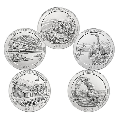 2014-P America The Beautiful 5 oz Uncirculated Five Coin Silver Set w/ Boxes & C.O.A.
