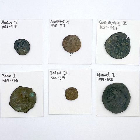 Six Different Ancient Byzantine Bronze Coins in Fine to XF