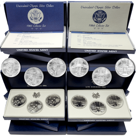 1983 & 1984 P-D-S  Uncirculated Olympic Silver Dollar 3-Coin Collector Sets