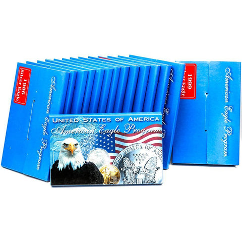 A 1986 to 2000 American Silver Eagle Set, Each Coin in its Own Hard Plastic