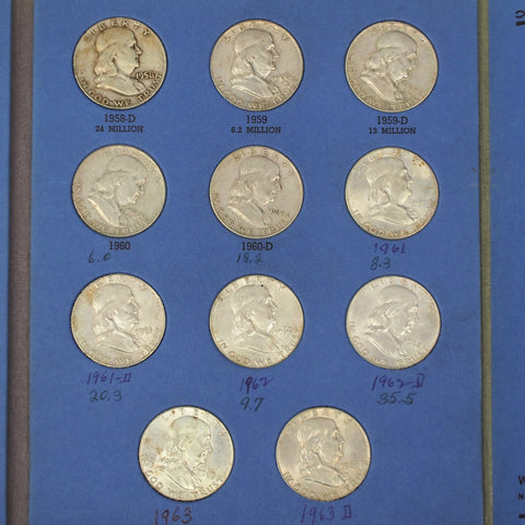 Complete Circulated 1948-1963 P-D-S Franklin Half Dollar Set in Whitman Coin Folder