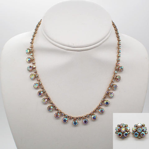 Vintage Weiss "Aurora Borealis" Crystal Rhinestone Clip on Earrings & Matching Necklace