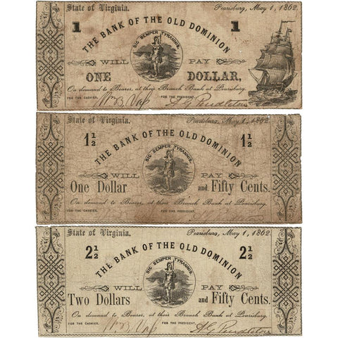3 Note Denomination Set from 1862 Bank of the Old Dominion, Pearisburg Virginia - Very Good
