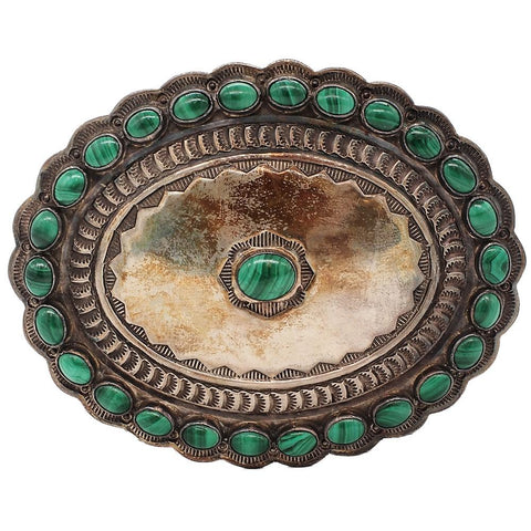 Signed Native American Sterling Silver & Malachite Belt Buckle