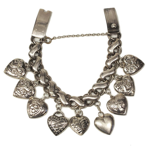 Vintage Taxco Carlia Puffy Heart Sterling Silver Charm Bracelet