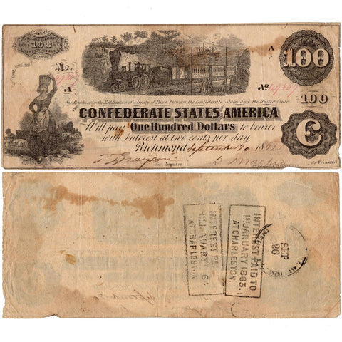 T-40 Sep. 20, 1862 $100 Confederate States of America Note - Very Fine