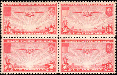 Scott #C22 1937 50¢ China Clipper Carmine Red Block of Four - Very Fine NH OG