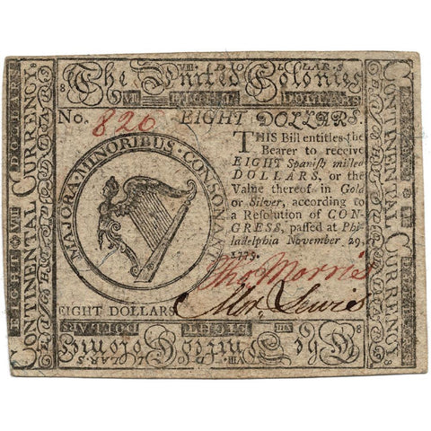 November 29, 1775 Continental Currency $8 CC-18 - Very Fine