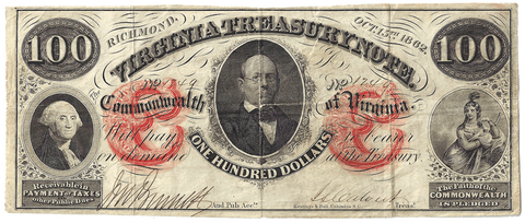 1862 $100 Virginia Treasury Note Cr.6 (Orange Protectors) ~ Very Fine