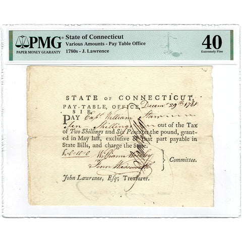December 29, 1781 Connecticut Pay-Table 10 Shillings Note - PMG XF 40