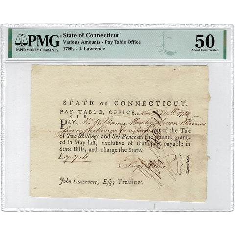 November 20, 1781 Connecticut Pay-Table £7 7s 6p Note - PMG AU 50