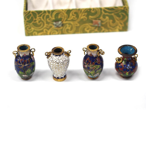 Vintage Copper Cloisonne Enamel Mini Vase Pendant Set