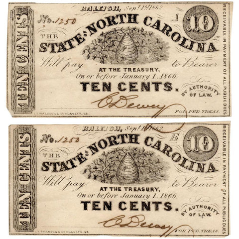 Matching Serials - 1863 State of North Carolina "Hornet's Nest" 10¢ Fractionals - XF/AU