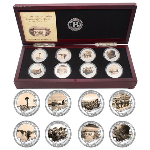 Bradford Authenticated 70th Anniversary D-Day Commemorative Crown Eight Coin Set w/ Collector Box & COA