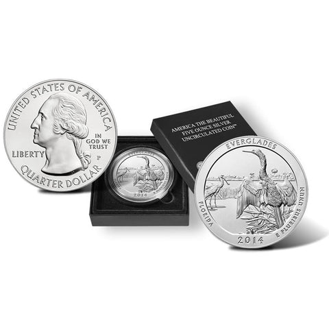 2014-P America The Beautiful Five Ounce Silver Florida, Everglades Uncirculated Coin w/ Box & C.O.A.