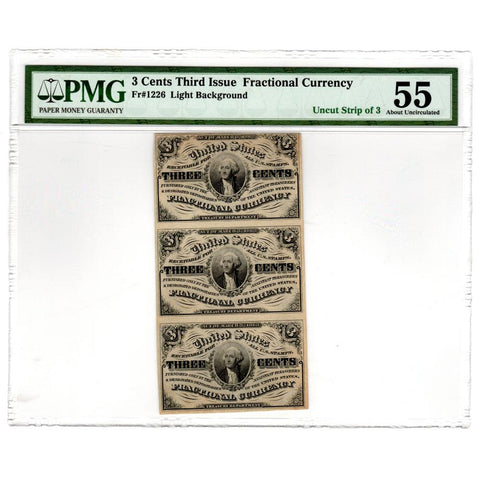 (1864-1869) 3rd Issue 3¢ Fractional Fr. 1226 (Light) Strip of 3 - PMG AU 55