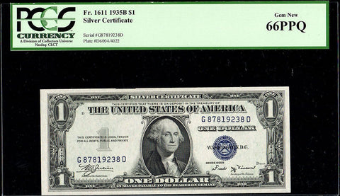 1935-B $1 Silver Certificate Fr. 1611 - PCGS Gem New 66 PPQ