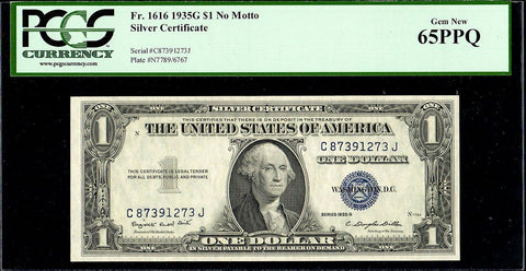 1935-G No Motto $1 Silver Certificate Fr. 1616 - PCGS Gem New 65 PPQ