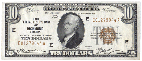 1929 $10 Richmond Federal Reserve Bank Note (FR.1860E) ~ Choice AU