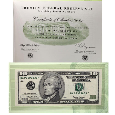 12-Note 1999 $10 Matching Serial Number Premium Federal Reserve Set