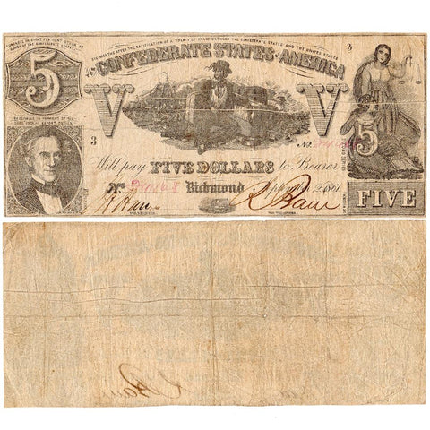 T-37 Sept 2 1861 $5 Confederate States of America (C.S.A.) PF-2/Cr.285 - Ch. Fine