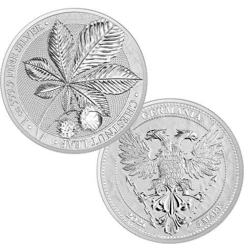 2021 Germania Mint Chestnut Leaf .9999 1 oz Silver 5 Mark - Gem BU in Capsule w/ CoA