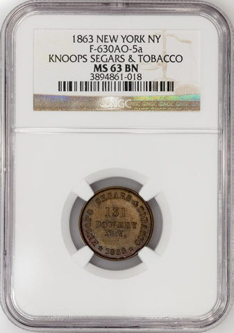 1863 Knoop's Segars & Tobacco Civil War Store Card Token (NY-630AO-5a) ~ NGC MS 63 BN